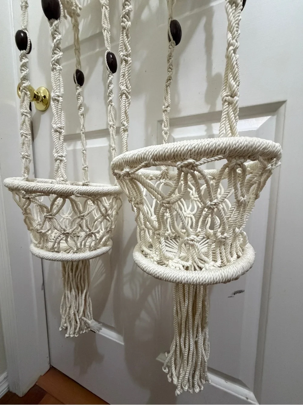 2 Vtg Macramé Hanging Planters 2 tier Pot Holders Cream Rope/Wood Beads, Tassels